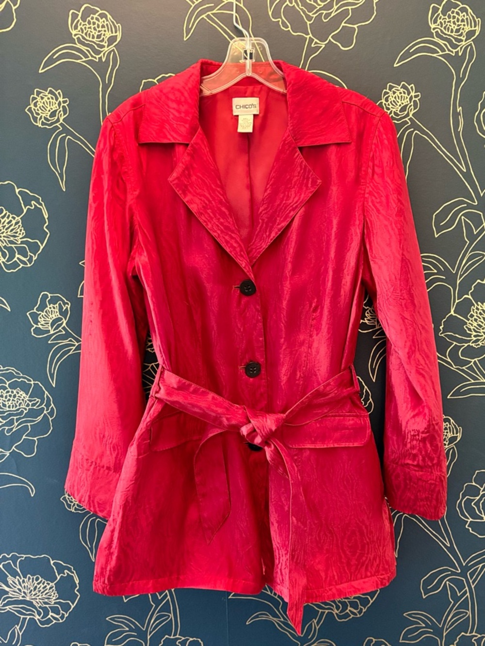 CHICOS cherry red SILK trench coat JACKET size 1/medium BLAZER